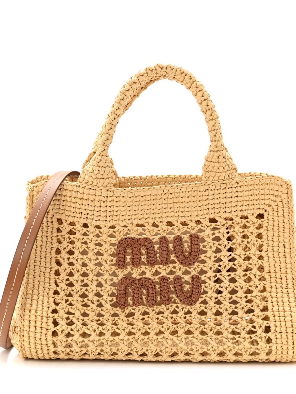 Miu Miu Crochet Raffia Tote with Brown Logo